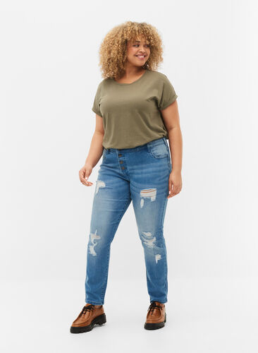 Emily jeans med slitningar och normal midjehöjd, Blue denim, Model image number 0