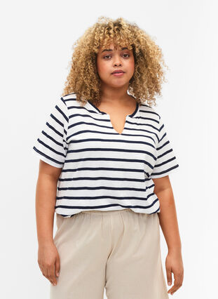Randig v-ringad t-shirt i bomull, Bright White Stripe, Model image number 0