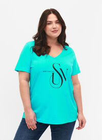 T-shirt i bomull med tryck, Turquoise SUN, Model