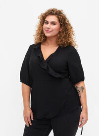 Omlottblus i viskos med 1/2 ärmar, Black, Model