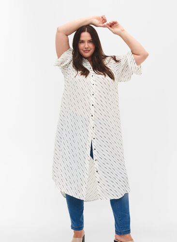 Randig skjortklänning i viskos, White AOP, Model image number 0