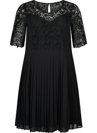 Kortärmad klänning med spets, Black, Packshot image number 0