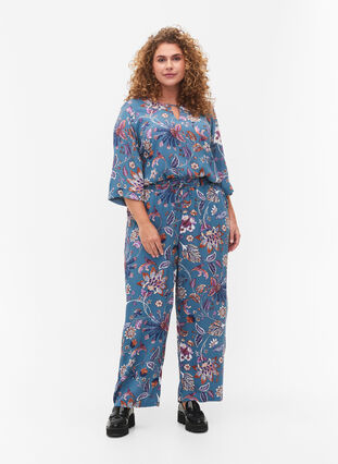Mönstrad viskosblus med korta ärmar, Smoke Blue Paisley, Model image number 2