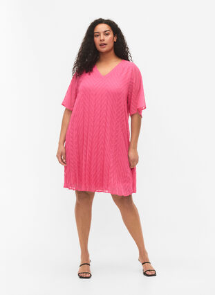 Kortärmad klänning med struktur, Shocking Pink, Model image number 2
