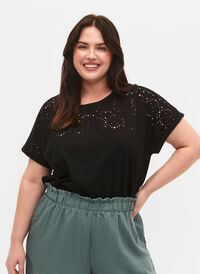 Löst sittande t-shirt med broderi anglaise, Black, Model