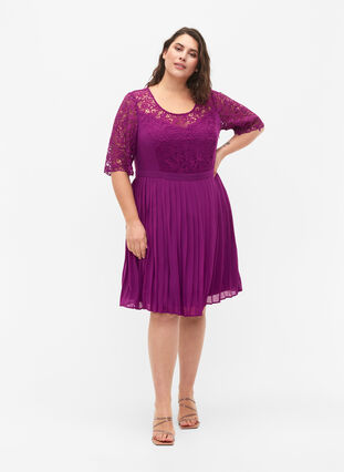 Kortärmad klänning med spets, Grape Juice, Model image number 3