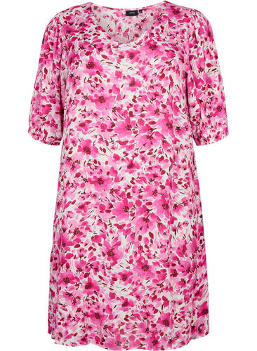 A-linjeskuren blommig klänning i viskos, Pink Flower Rain, Packshot image number 0