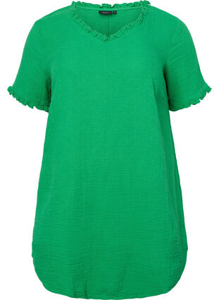 Kortärmad bomullstunika med volanger, Bright Green, Packshot image number 0