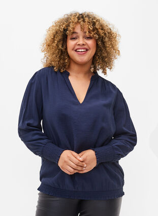 Blus i viskos med långa ärmar och smock, Navy Blazer, Model image number 0