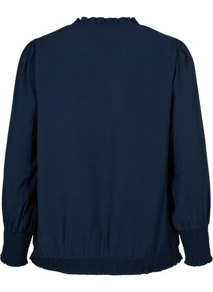 Blus i viskos med långa ärmar och smock, Navy Blazer, Packshot image number 1