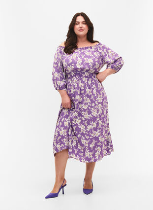 Blommig off-shoulder midiklänning i viskos, Purple Flower AOP, Model image number 0