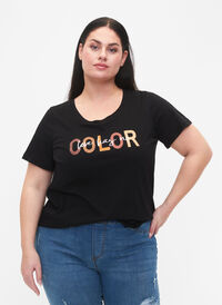 T-shirt i bomull med tryck, Black COLOR, Model