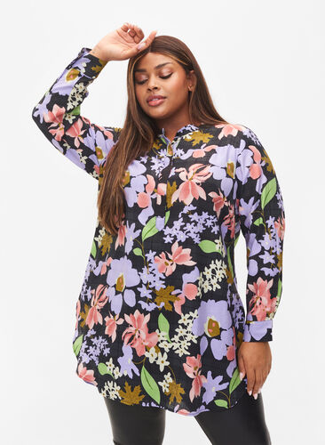 Blommig tunika i viskos, Purple Green Flower, Model image number 0