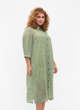 Prickig skjortklänning med 3/4-ärmar och slits, Seagrass Dot, Model image number 2