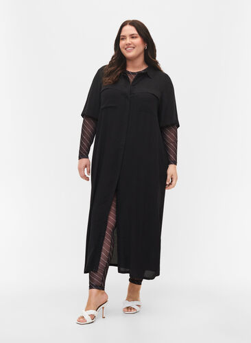 Kortärmad skjortklänning i viskos, Black, Model image number 0