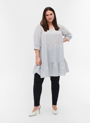 Mönstrad bomullsklänning med 3/4-ärmar och smock, White Check, Model image number 2