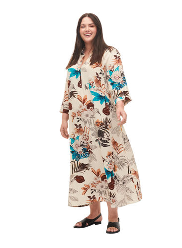 Blommig skjortklänning i viskos, Brown Flower AOP, Model image number 3