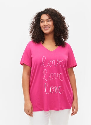 T-shirt i bomull med V-ringad hals och tryck, Fuchsia Purple Love, Model image number 0