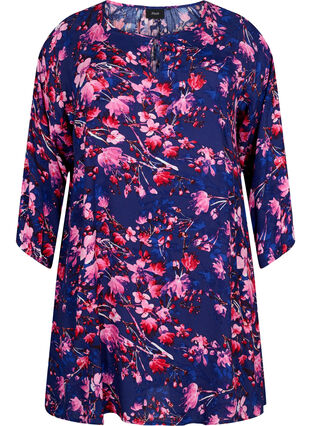 Tunika i viskos med 3/4-ärmar, B. Blue/Pink Flower, Packshot image number 0