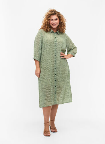 Prickig skjortklänning med 3/4-ärmar och slits, Seagrass Dot, Model image number 0