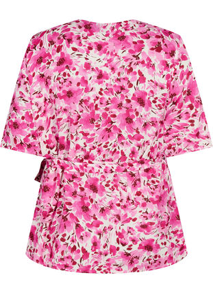 Omlott-blus i viskos, Pink Flower Rain, Packshot image number 1