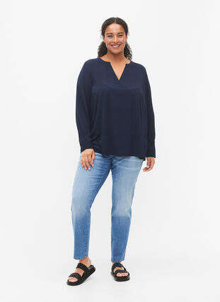 Långärmad blus med spetsdetalj , Navy Blazer, Model image number 2