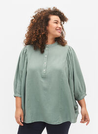 Viskos-Linne Mix Skjorta Blus med 3/4 Ärmar, Chinois Green, Model
