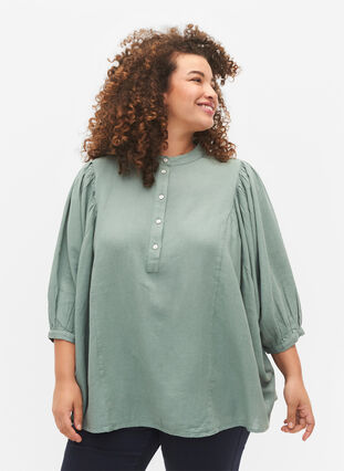 Viskos-Linne Mix Skjorta Blus med 3/4 Ärmar, Chinois Green, Model image number 0