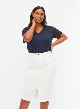 Knälång jeanskjol med slits, White, Model image number 0