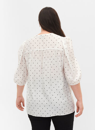 Prickig blus med 3/4-ärmar i viskoskvalitet, White Dot, Model image number 1