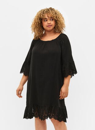 Bomullsklänning med broderi anglaise, Black, Model image number 0