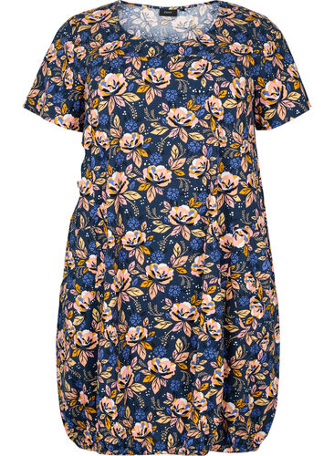 Kortärmad bomullsklänning med mönster, Blue Orange Flower, Packshot image number 0