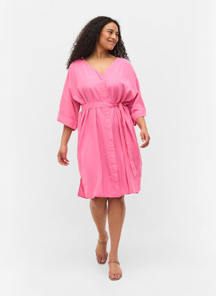 Klänning med 3/4-ärmar och knytband, Shocking Pink, Model image number 2