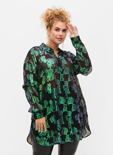 Lång skjorta i viskos med lurex, Black W. Green Lurex, Model image number 0