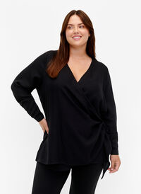 Långärmad blus i viskos med omlottlook, Black, Model