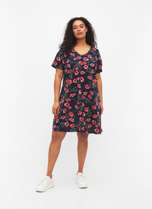 Kortärmad bomullsklänning med blommigt mönster, Night sky Red flower, Model image number 1