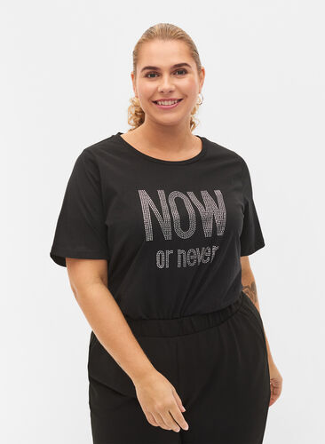 T-shirt med nitar i ekologisk bomull, Black NOW or never, Model image number 0