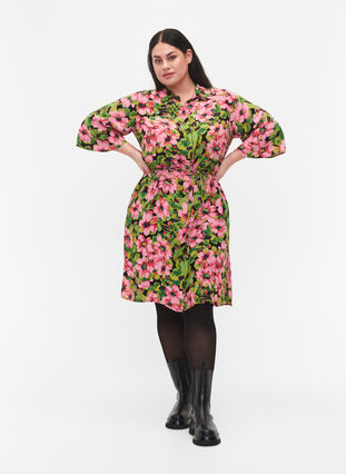 Skjortklänning i viskos med blommönster, Pink G. Flower AOP, Model image number 2