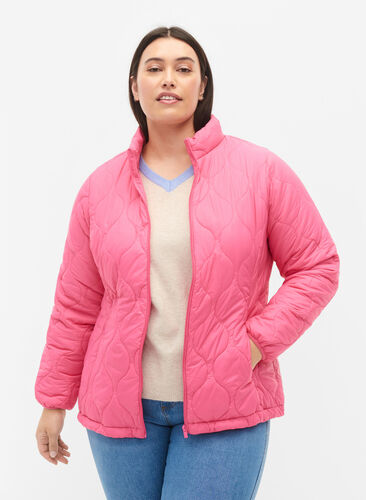 Quiltad jacka med dragkedja och fickor, Hot Pink, Model image number 0
