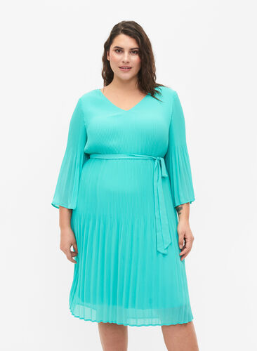 Plisserad klänning med 3/4-ärmar, Turquoise, Model image number 0