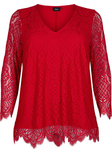 Långärmad spetsblus med V-ringad hals, Tango Red, Packshot image number 0