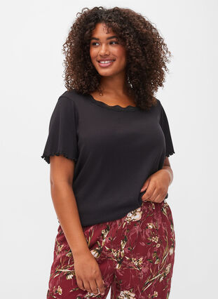 Kortärmad sovtröja med spetskant, Black, Model image number 0