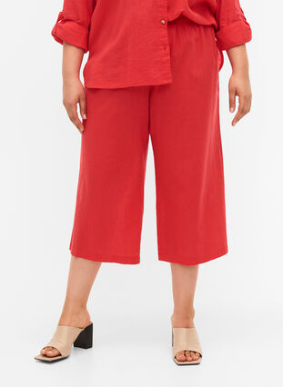 Croppade byxor i bomullsmix med linne, Hibiscus, Model image number 2