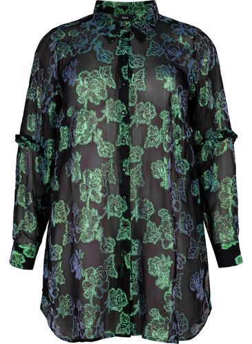 Lång skjorta i viskos med lurex, Black W. Green Lurex, Packshot image number 0