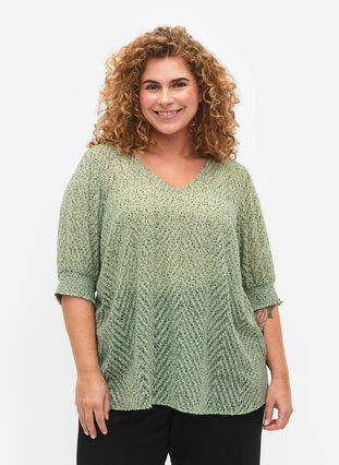 Prickig blus med halvlånga ärmar, Seagrass Dot, Model image number 0