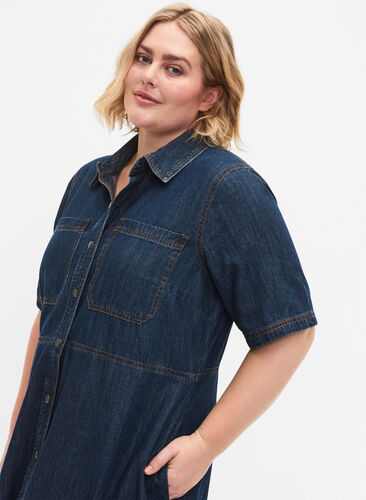 Skjortklänning i denim med korta ärmar, Dark blue denim, Model image number 2