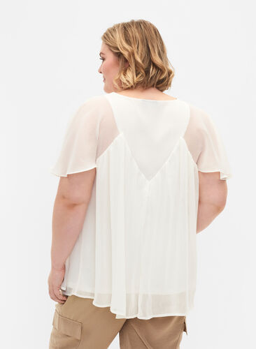 Enfärgad blus med fladdermusärmar och V-ringad hals, Warm Off-white, Model image number 1