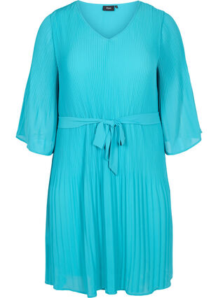Plisserad klänning med 3/4-ärmar, Turquoise, Packshot image number 0