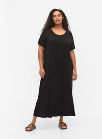 Midiklänning i viskos med korta ärmar, Black, Model