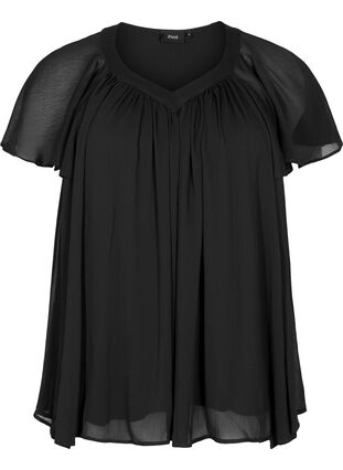 Enfärgad blus med fladdermusärmar och V-ringad hals, Black, Packshot image number 0
